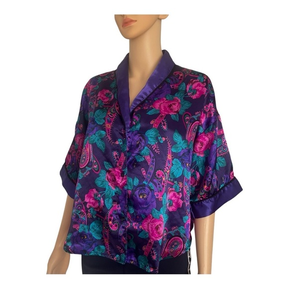 Jo Intimates casual purple floral pajama top Medium short sleeve button down - Picture 6 of 13